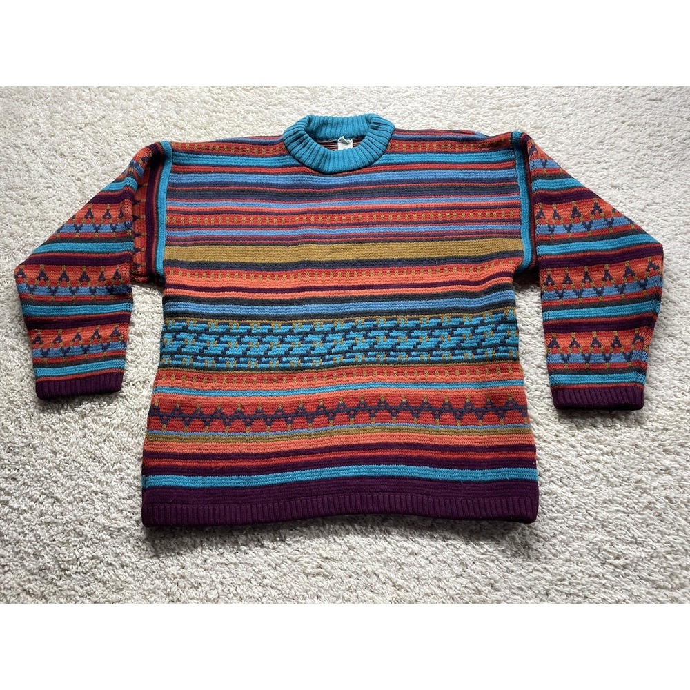 Vintage OXBOW Striped Multicolor lMen's Large Heavy Crewneck Sweater Great Cond